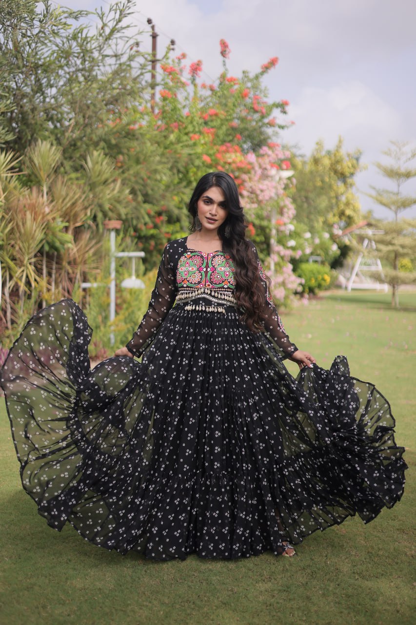 Bandhani Print Faux Georgette Gown with Kutchi Patchwork