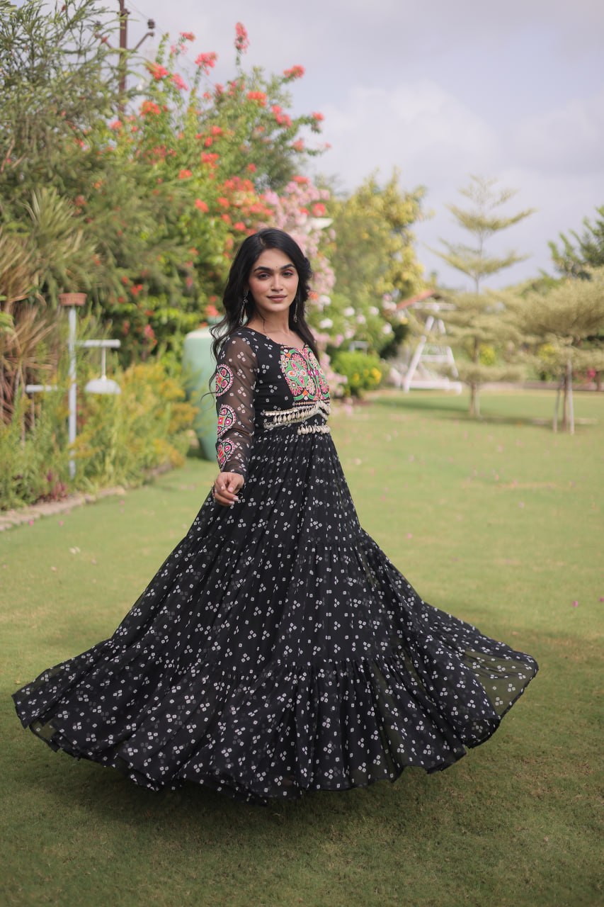Bandhani Print Faux Georgette Gown with Kutchi Patchwork