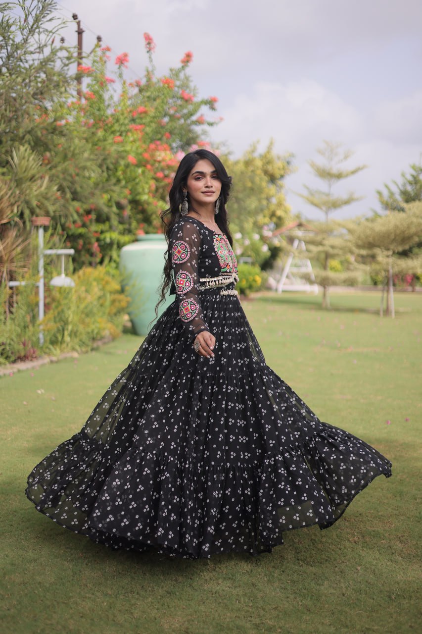 Bandhani Print Faux Georgette Gown with Kutchi Patchwork