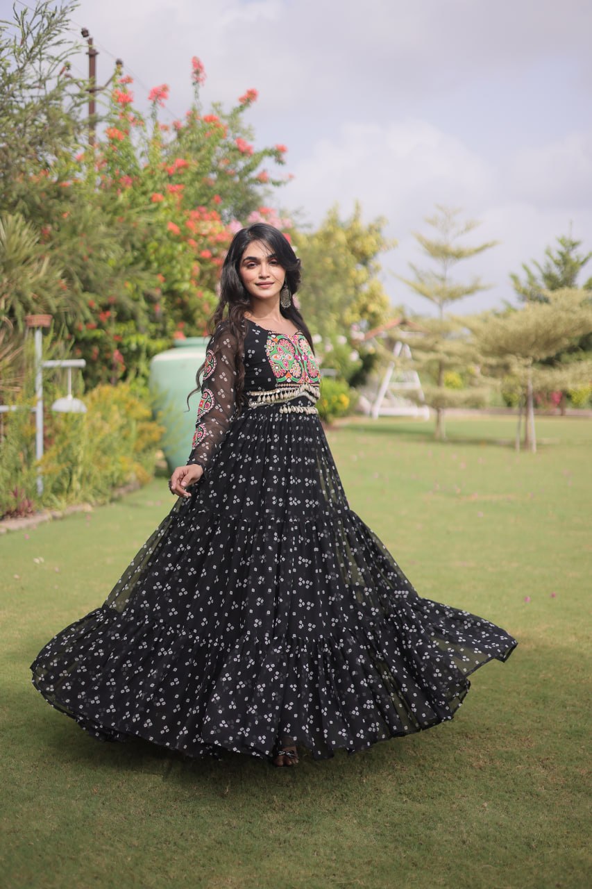 Bandhani Print Faux Georgette Gown with Kutchi Patchwork