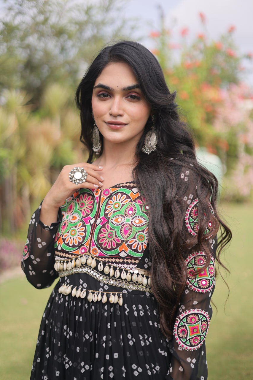 Bandhani Print Faux Georgette Gown with Kutchi Patchwork