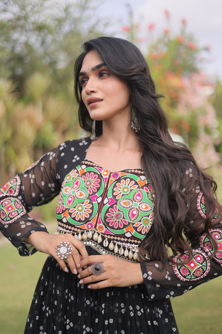 Bandhani Print Faux Georgette Gown with Kutchi Patchwork