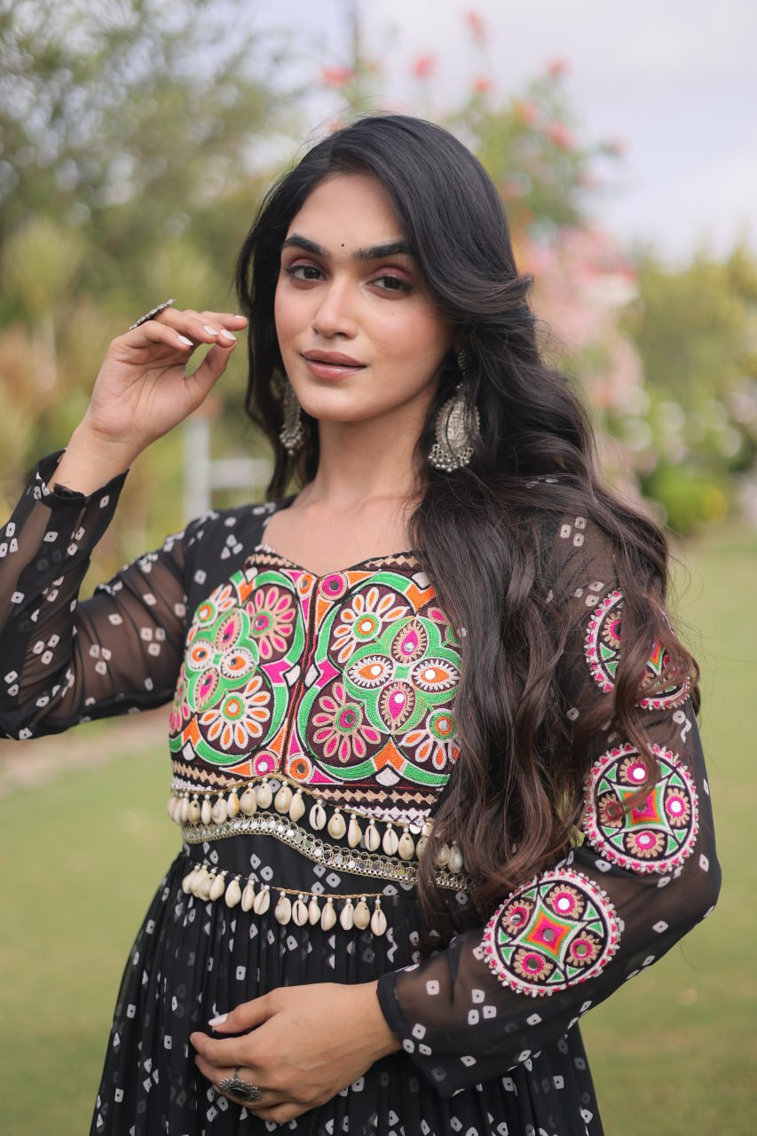 Bandhani Print Faux Georgette Gown with Kutchi Patchwork