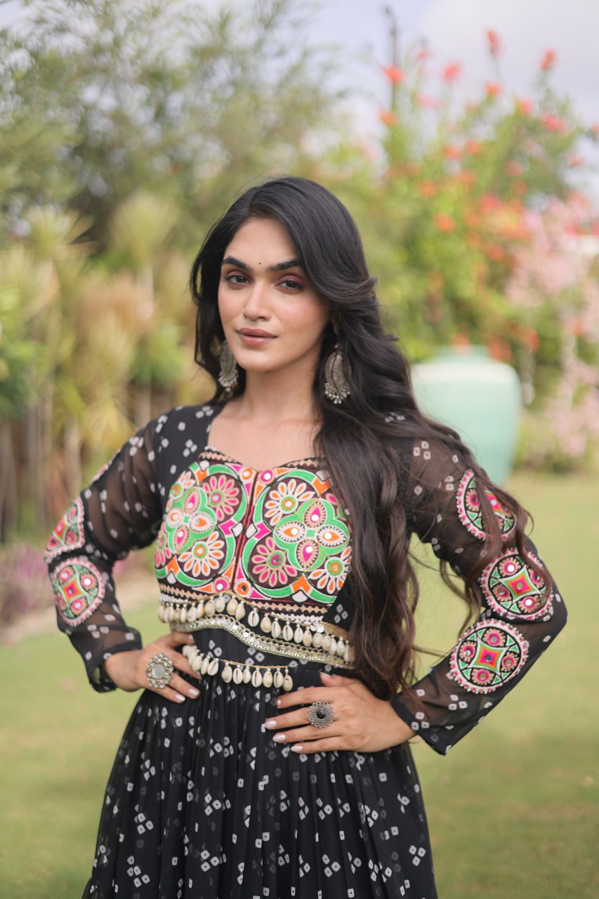 Bandhani Print Faux Georgette Gown with Kutchi Patchwork