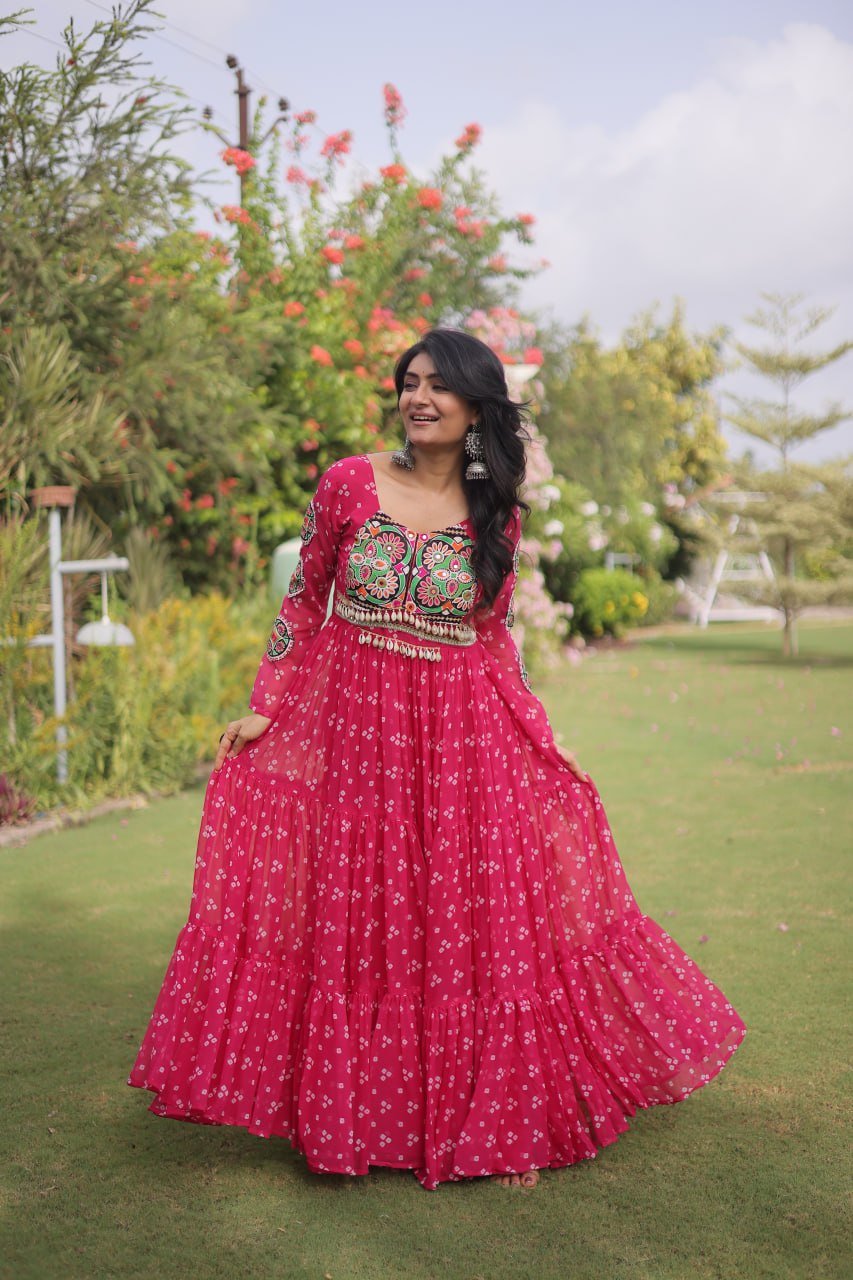 Bandhani Print Faux Georgette Gown with Kutchi Patchwork