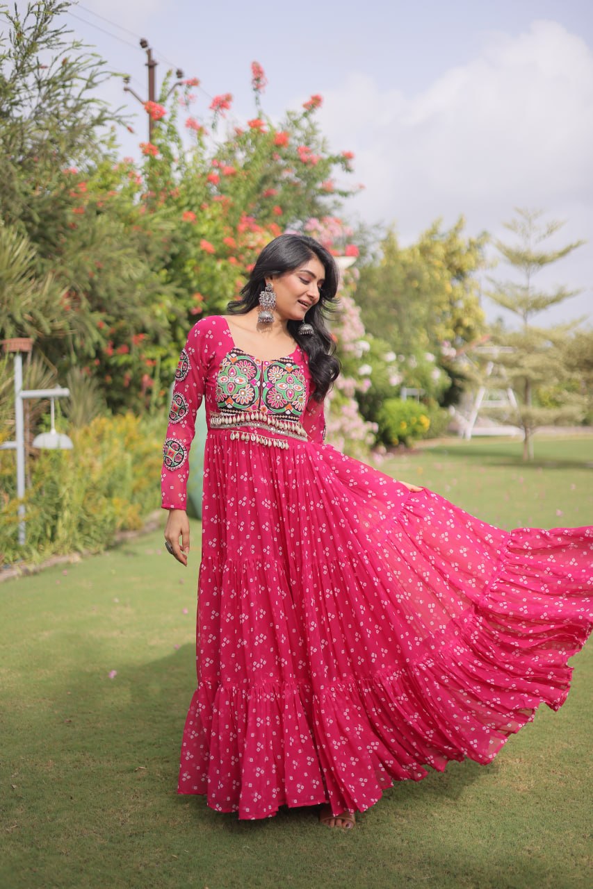 Bandhani Print Faux Georgette Gown with Kutchi Patchwork