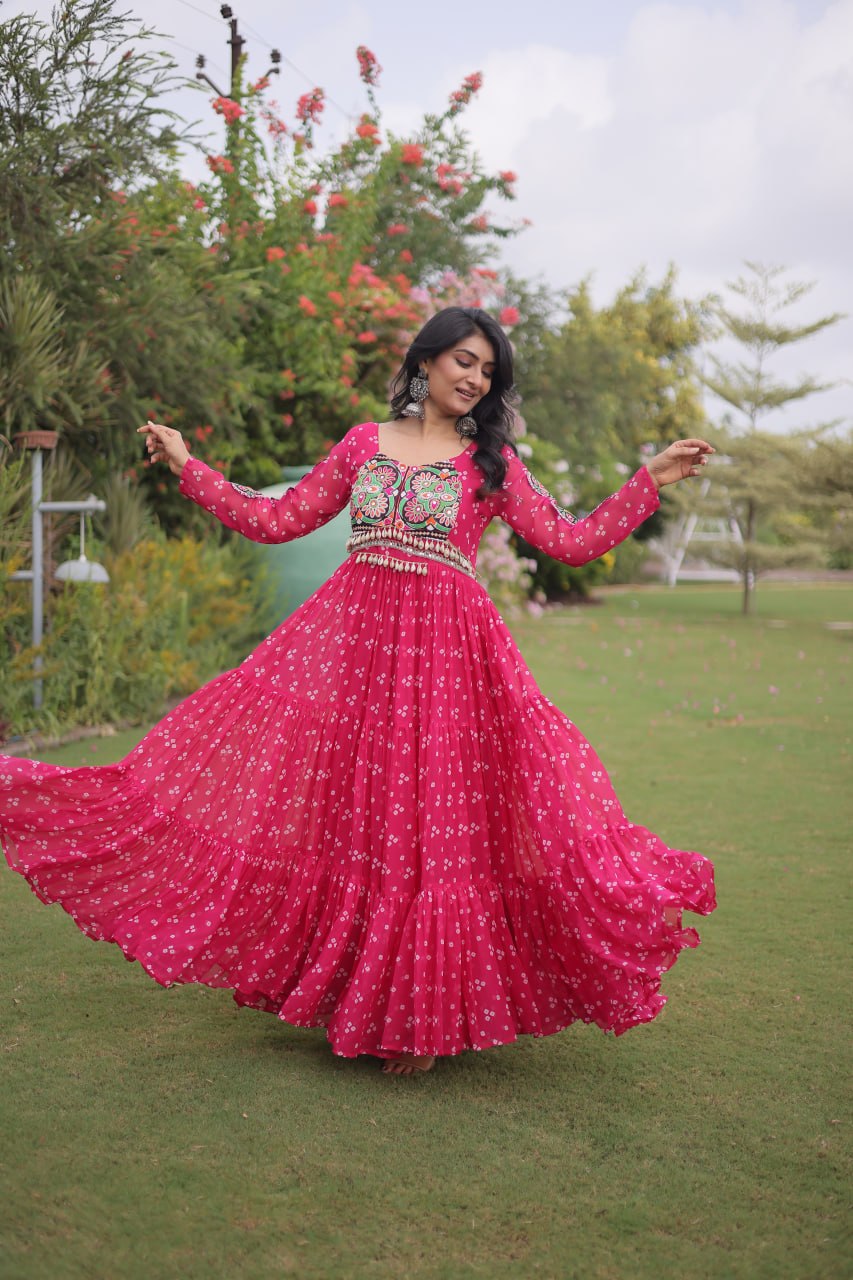 Bandhani Print Faux Georgette Gown with Kutchi Patchwork
