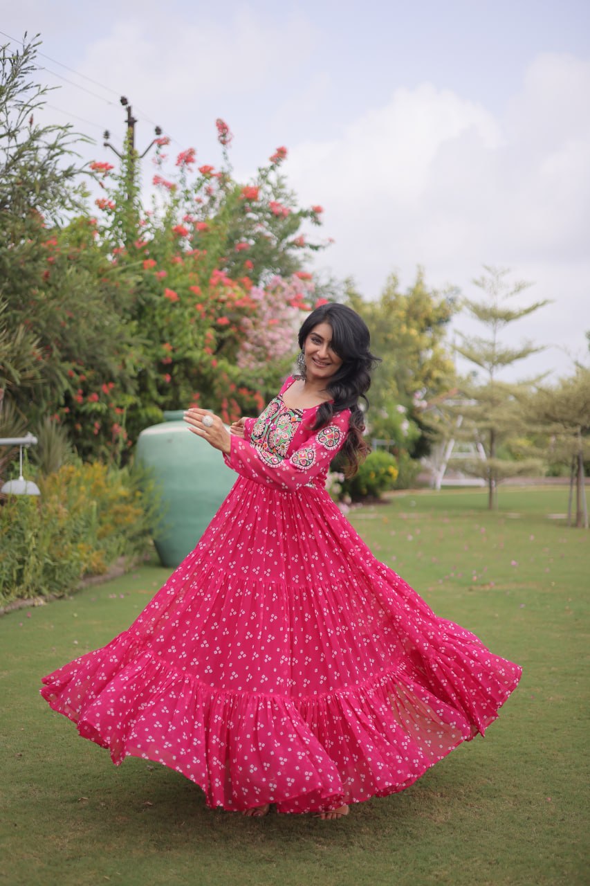 Bandhani Print Faux Georgette Gown with Kutchi Patchwork