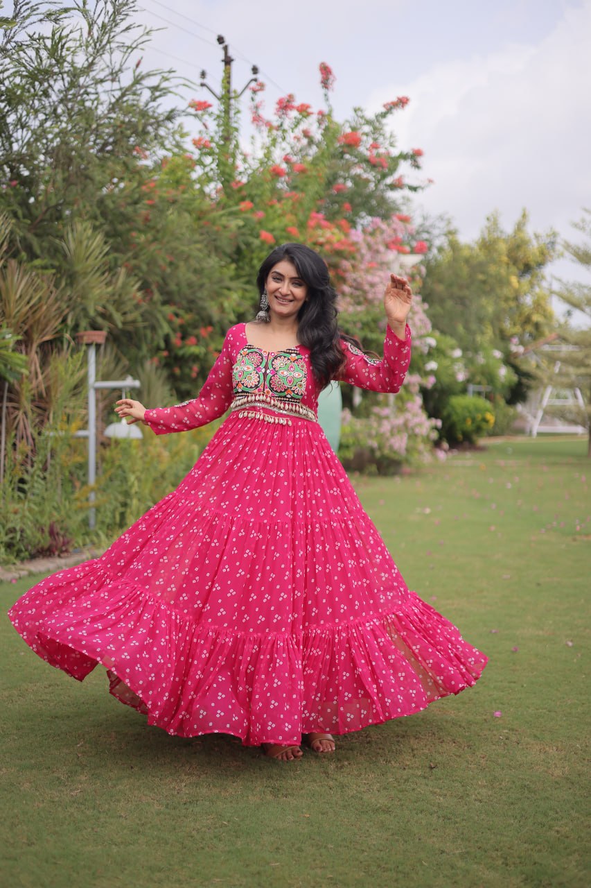 Bandhani Print Faux Georgette Gown with Kutchi Patchwork