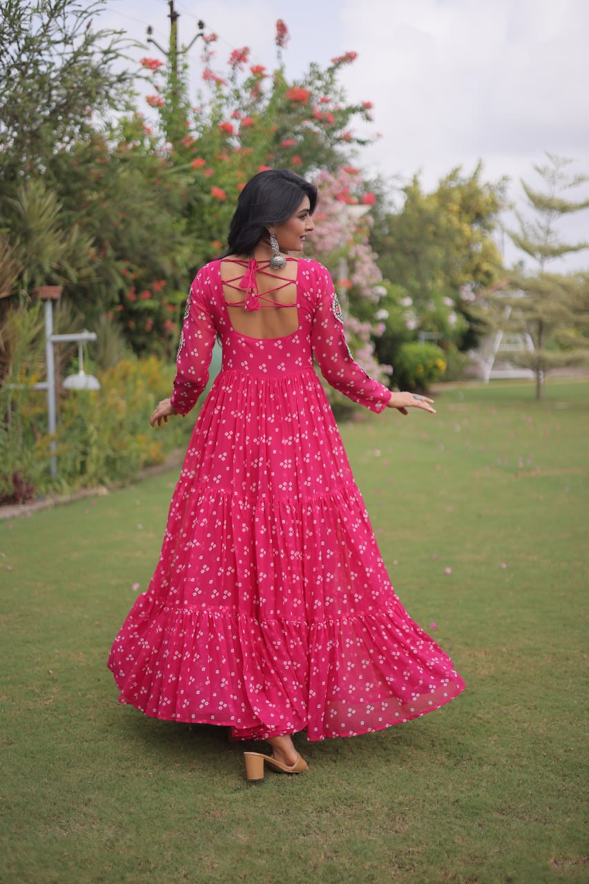 Bandhani Print Faux Georgette Gown with Kutchi Patchwork