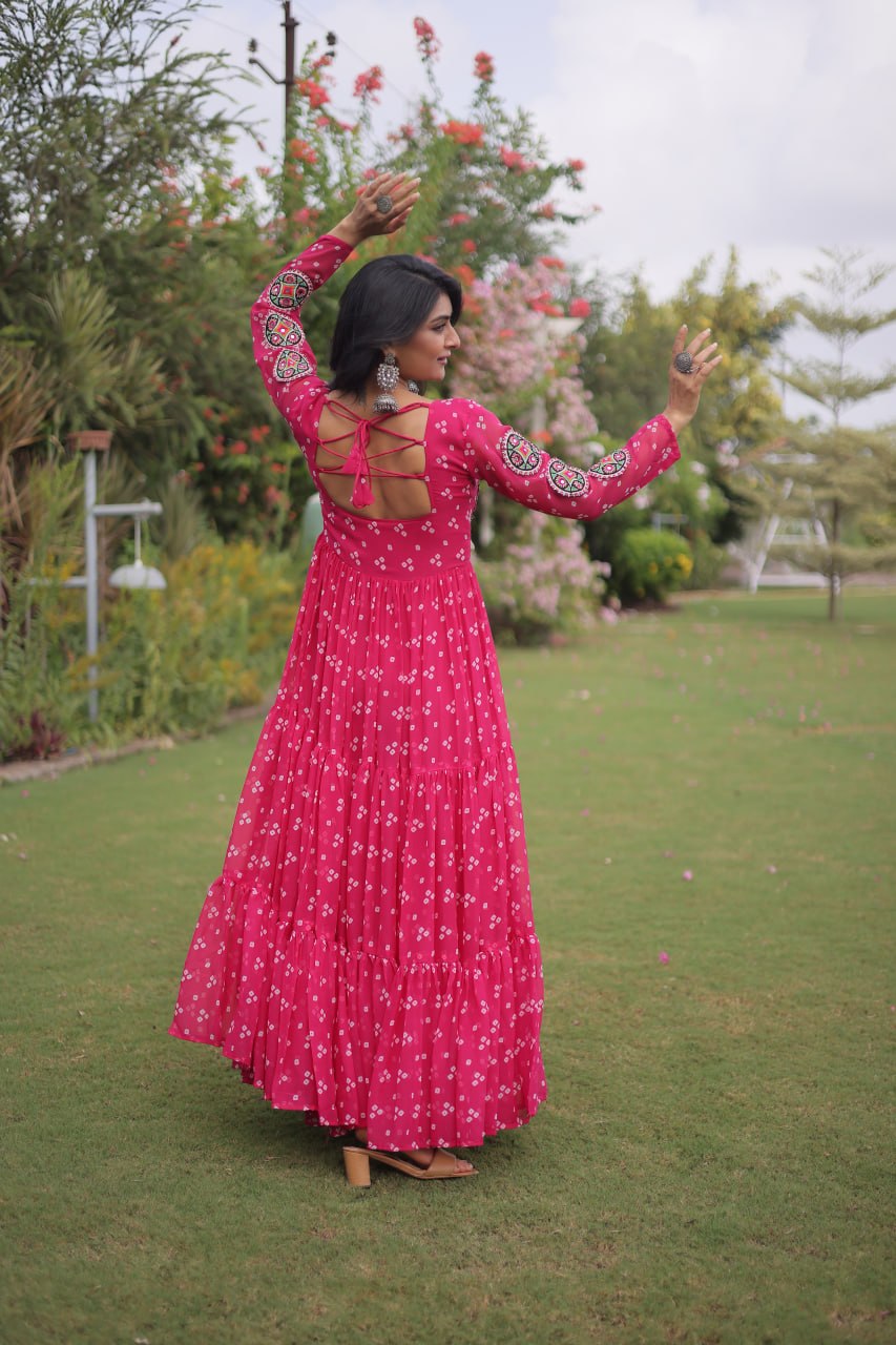 Bandhani Print Faux Georgette Gown with Kutchi Patchwork