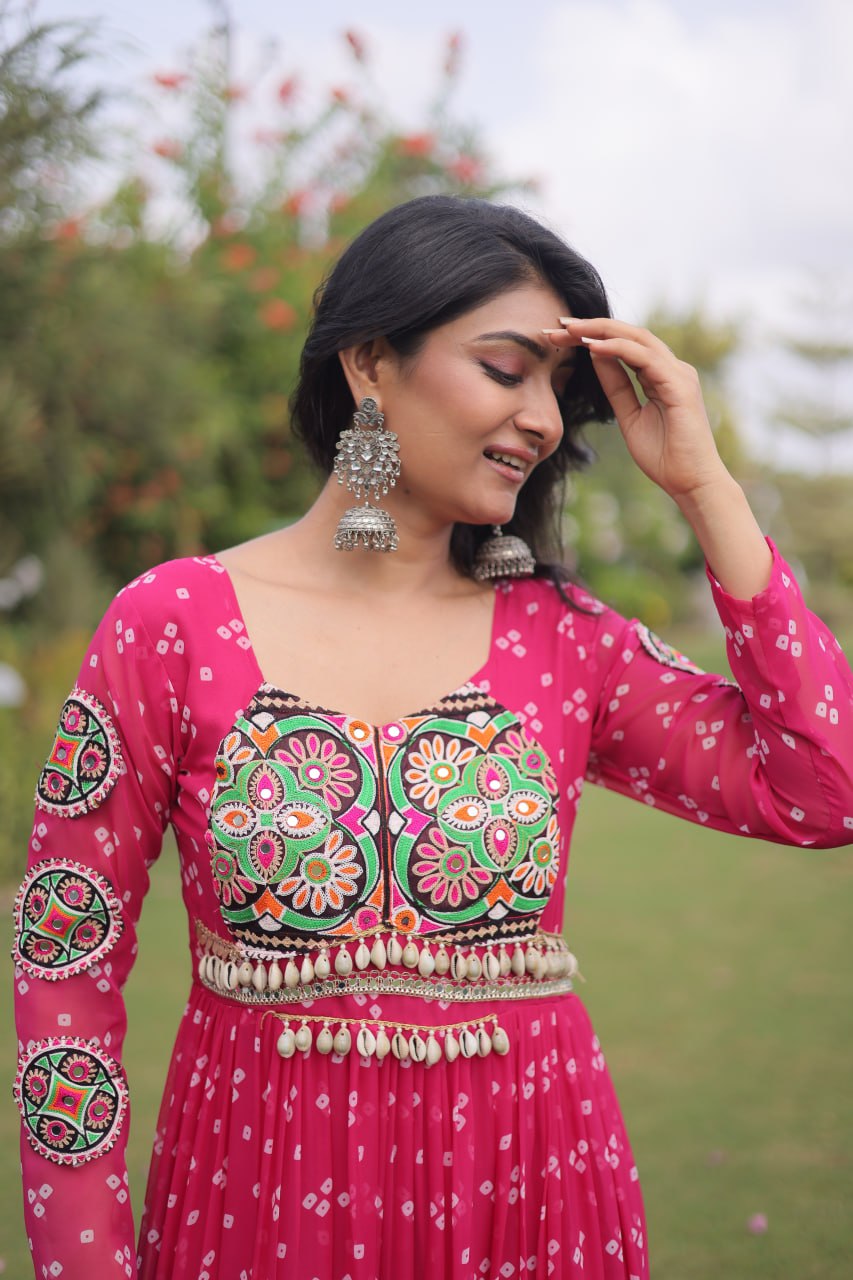 Bandhani Print Faux Georgette Gown with Kutchi Patchwork