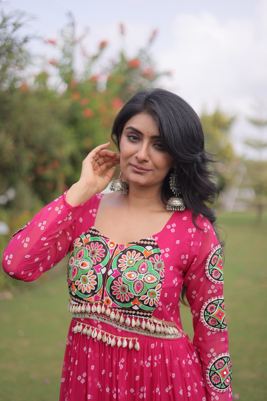 Bandhani Print Faux Georgette Gown with Kutchi Patchwork