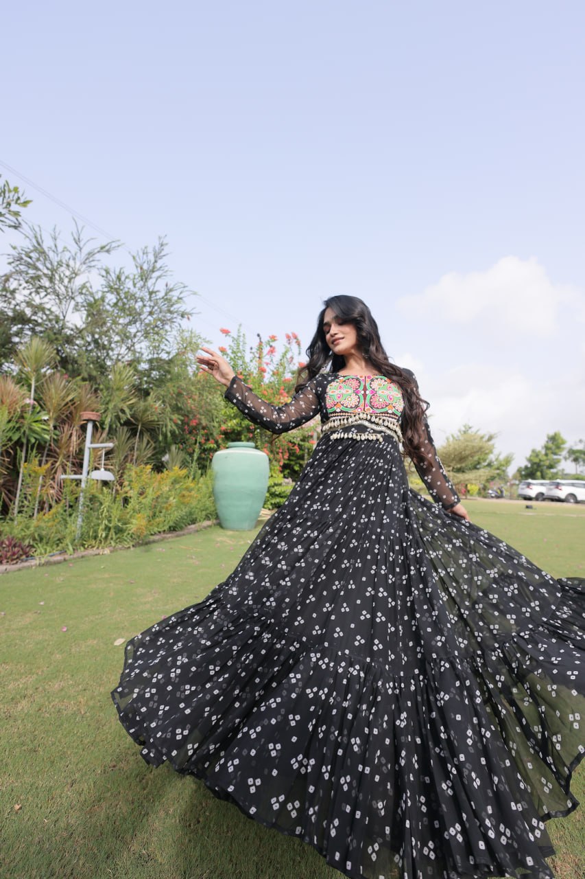 Bandhani Print Faux Georgette Gown with Kutchi Patchwork