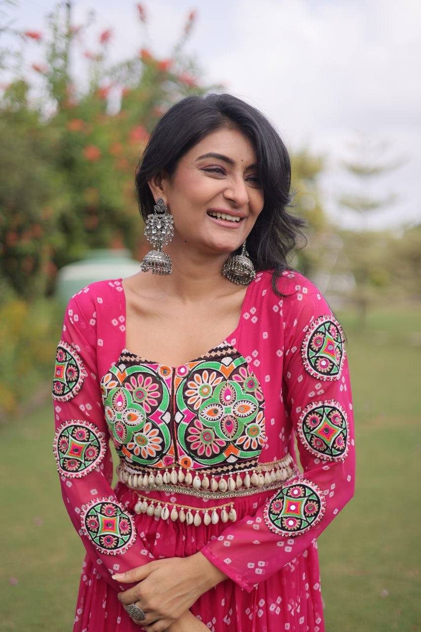 Bandhani Print Faux Georgette Gown with Kutchi Patchwork