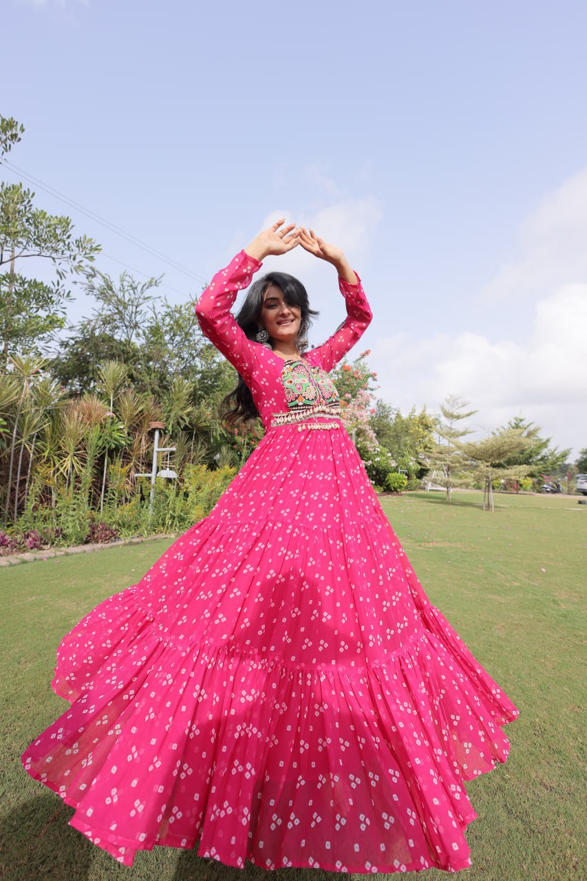 Bandhani Print Faux Georgette Gown with Kutchi Patchwork