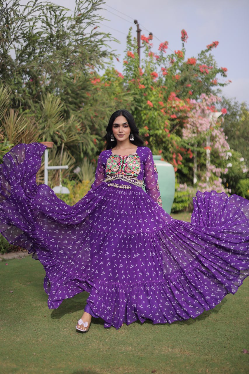 Bandhani Print Faux Georgette Gown with Kutchi Patchwork