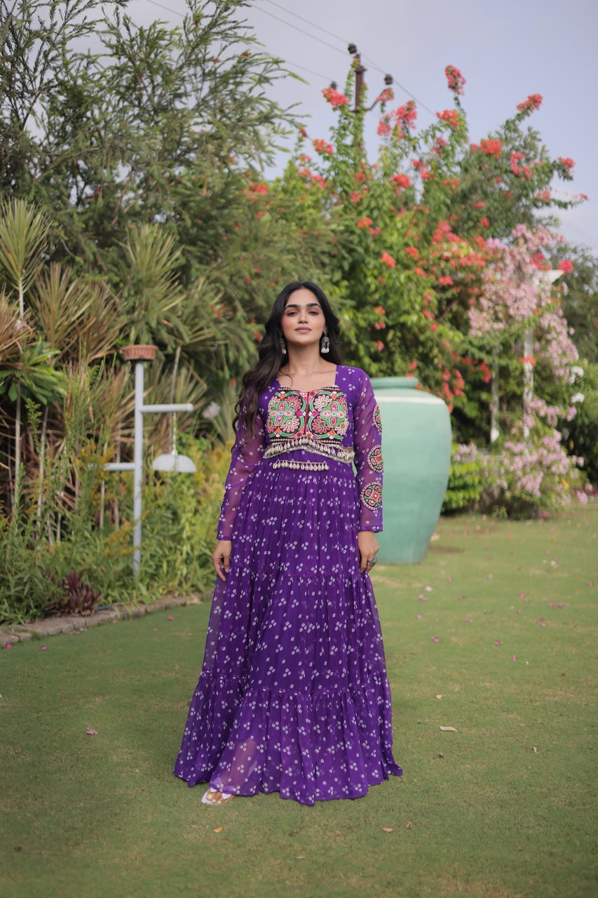 Bandhani Print Faux Georgette Gown with Kutchi Patchwork