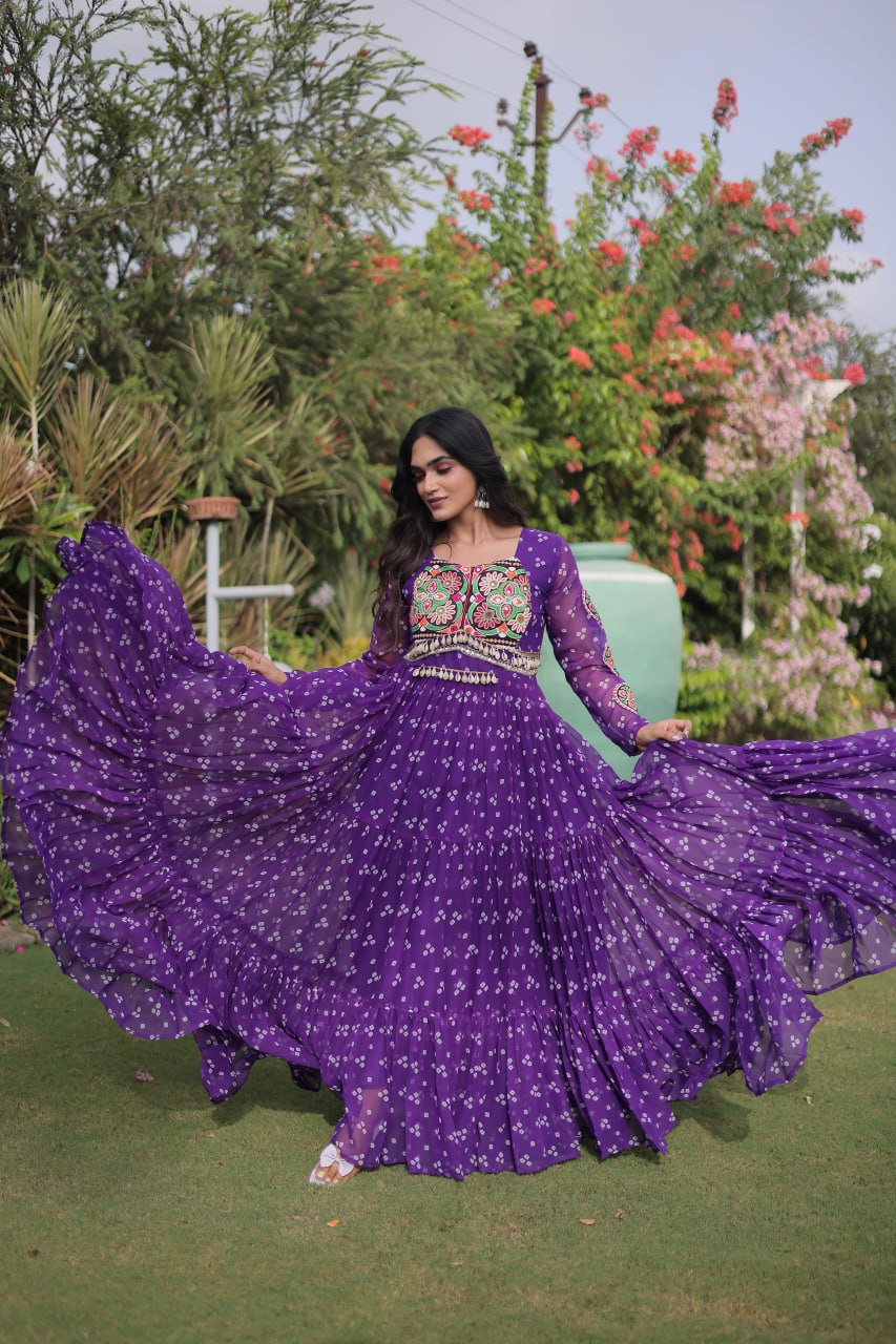 Bandhani Print Faux Georgette Gown with Kutchi Patchwork
