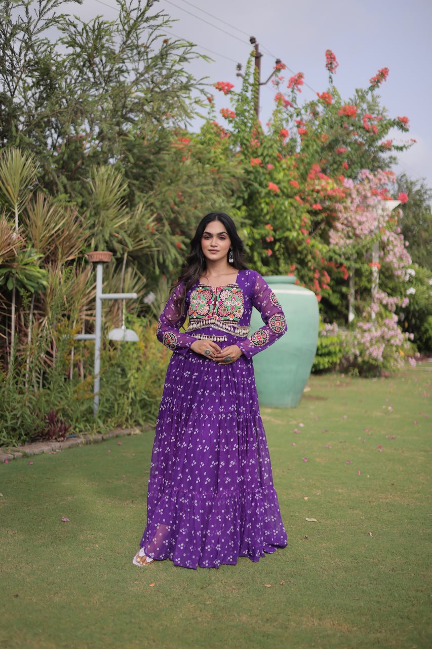 Bandhani Print Faux Georgette Gown with Kutchi Patchwork