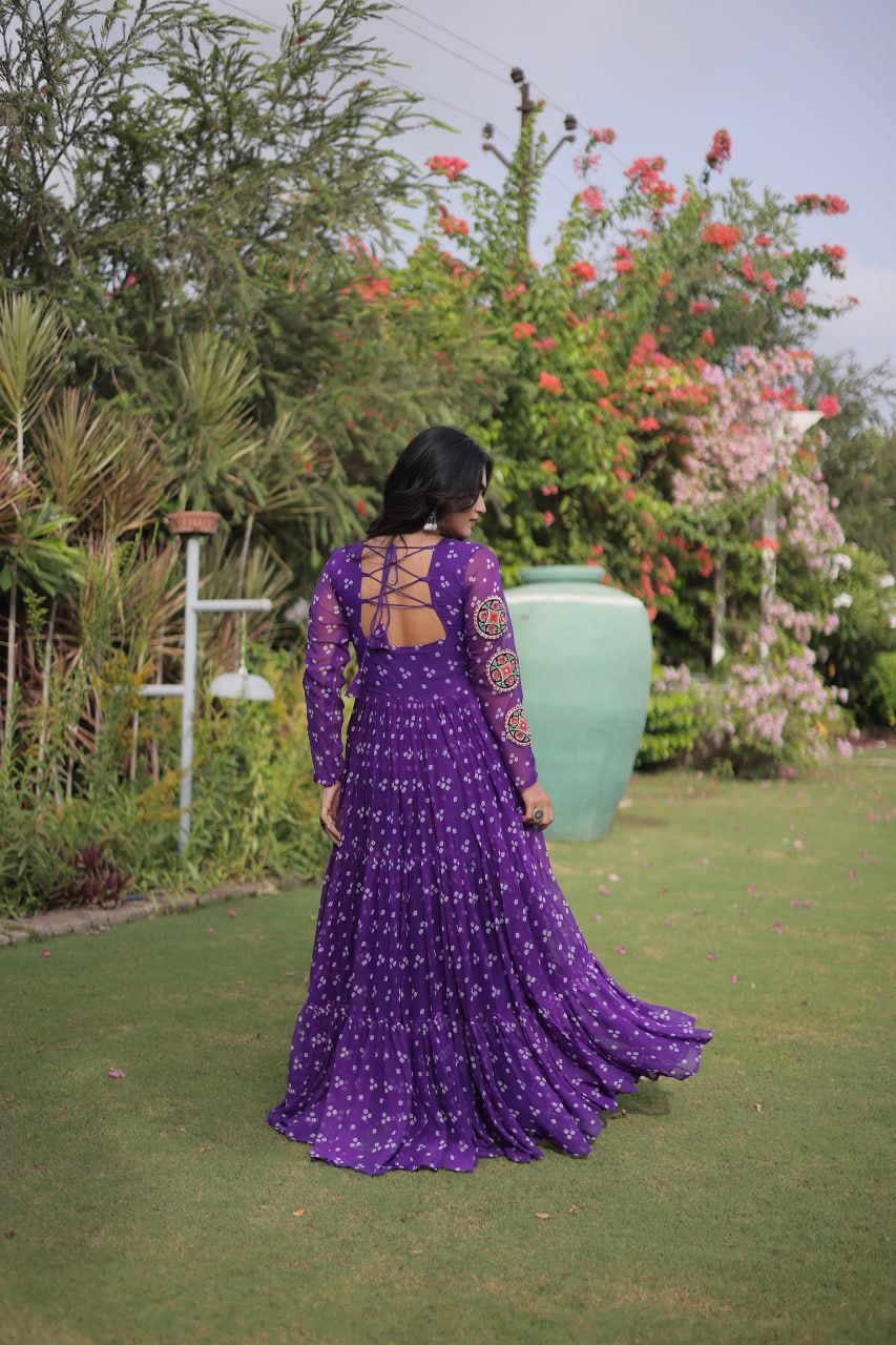 Bandhani Print Faux Georgette Gown with Kutchi Patchwork