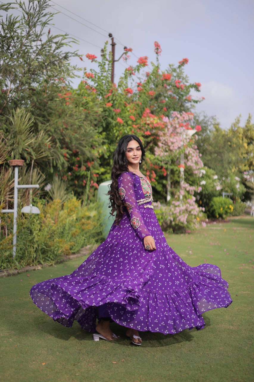 Bandhani Print Faux Georgette Gown with Kutchi Patchwork