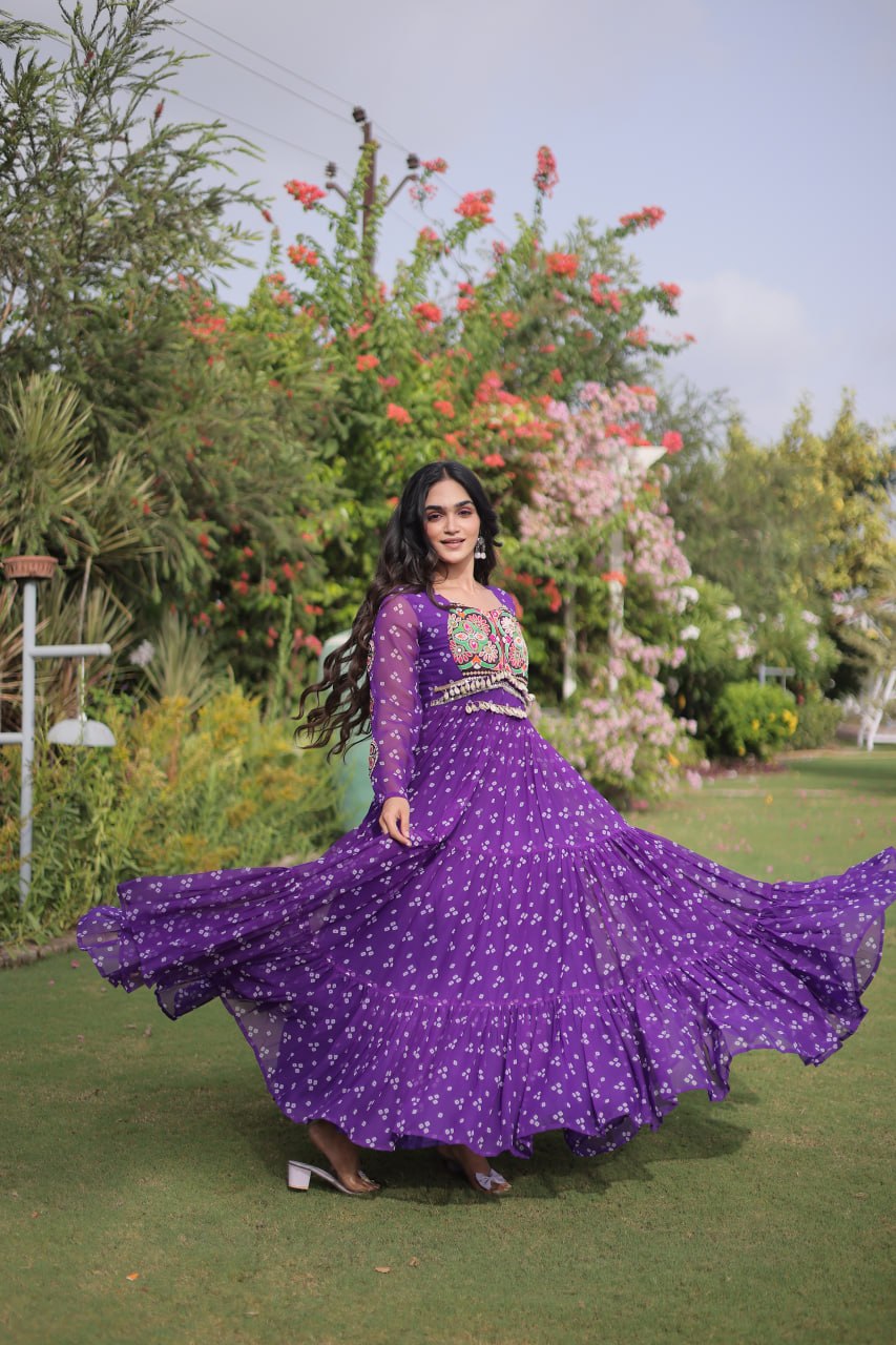 Bandhani Print Faux Georgette Gown with Kutchi Patchwork