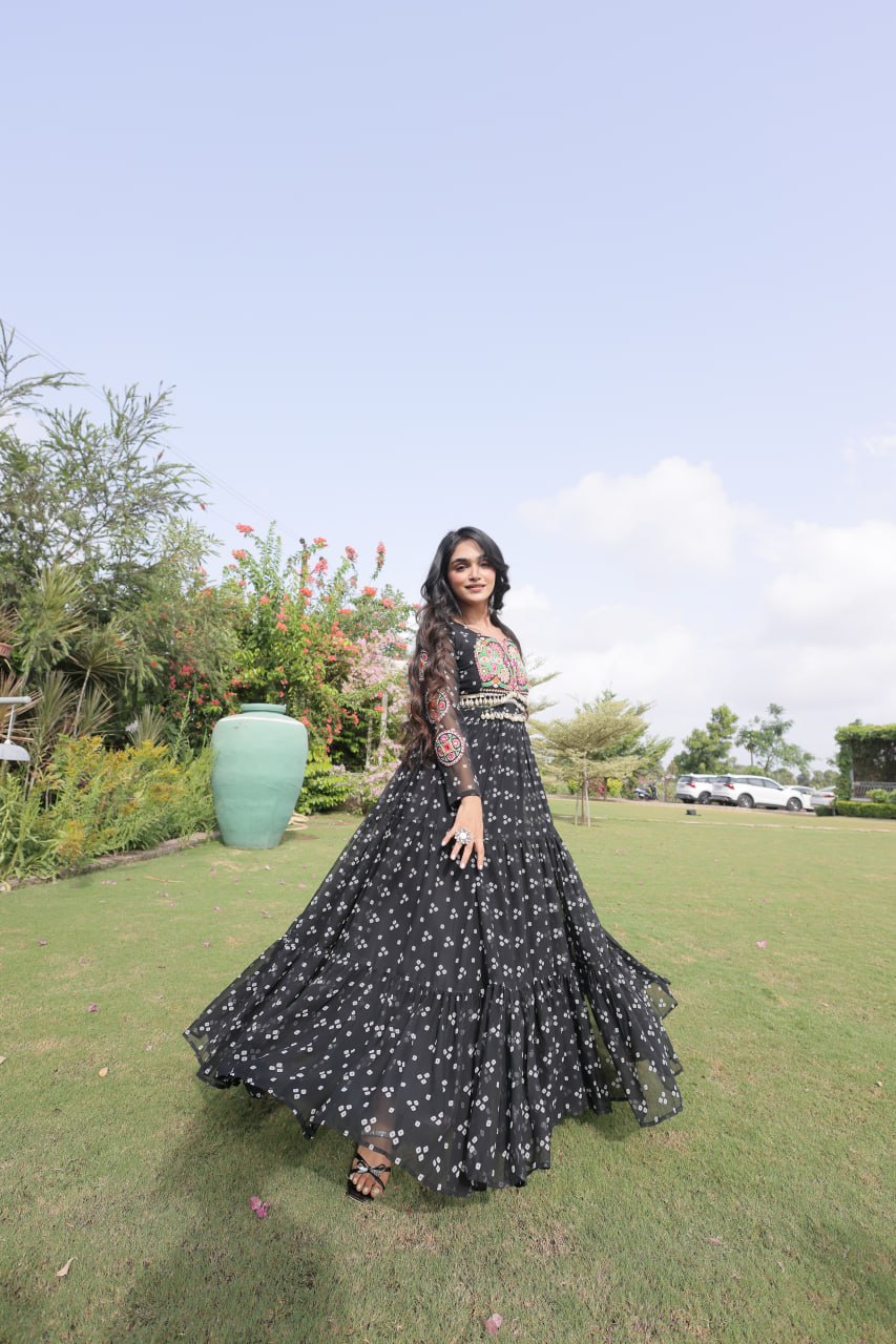 Bandhani Print Faux Georgette Gown with Kutchi Patchwork