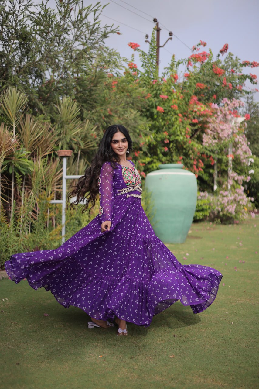 Bandhani Print Faux Georgette Gown with Kutchi Patchwork