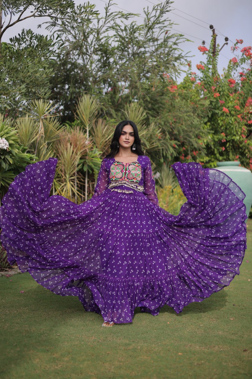 Bandhani Print Faux Georgette Gown with Kutchi Patchwork