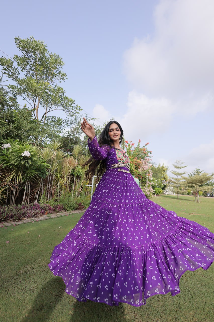 Bandhani Print Faux Georgette Gown with Kutchi Patchwork