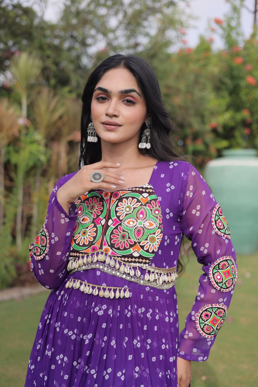 Bandhani Print Faux Georgette Gown with Kutchi Patchwork