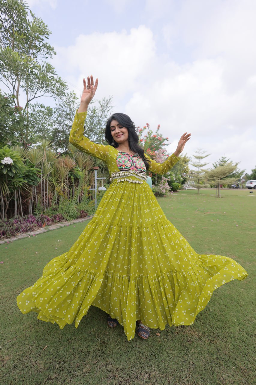 Bandhani Print Faux Georgette Gown with Kutchi Patchwork