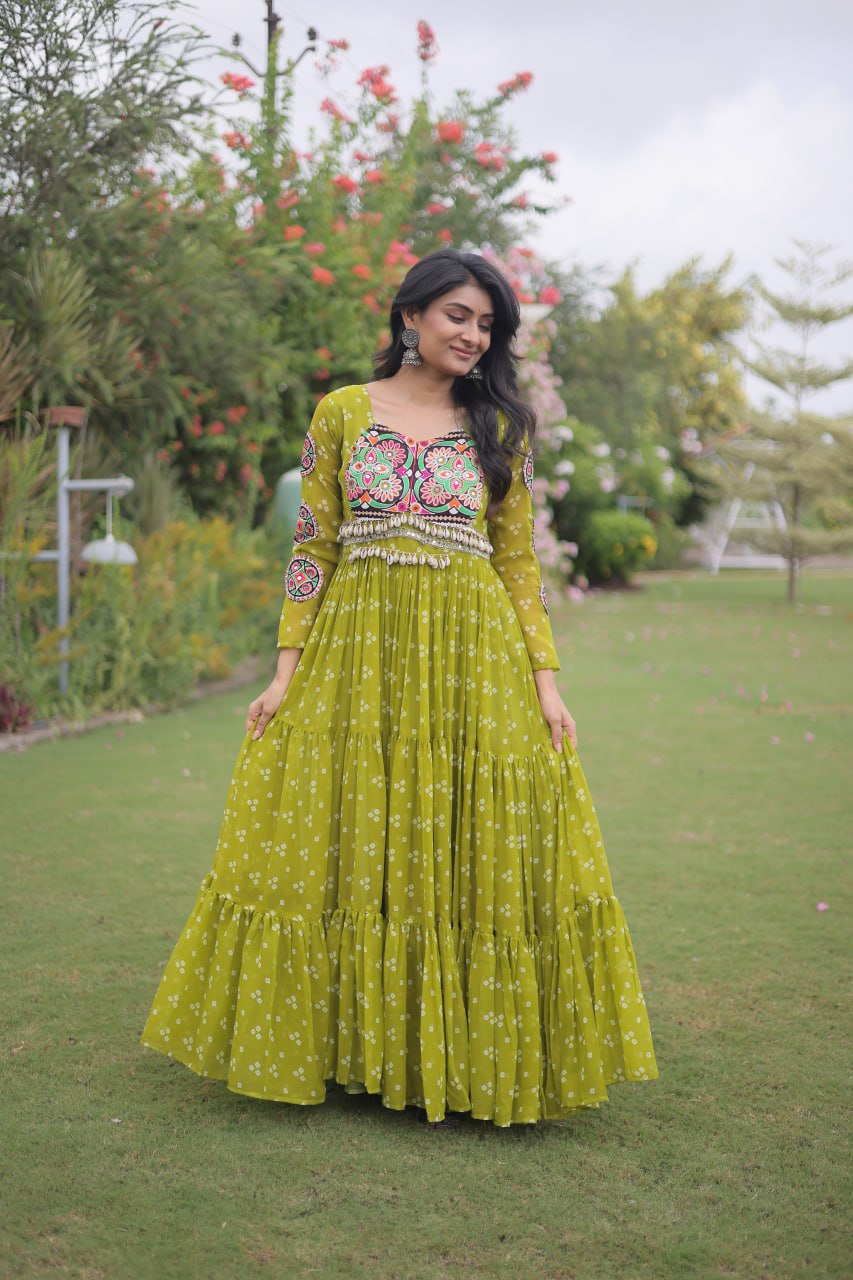 Bandhani Print Faux Georgette Gown with Kutchi Patchwork