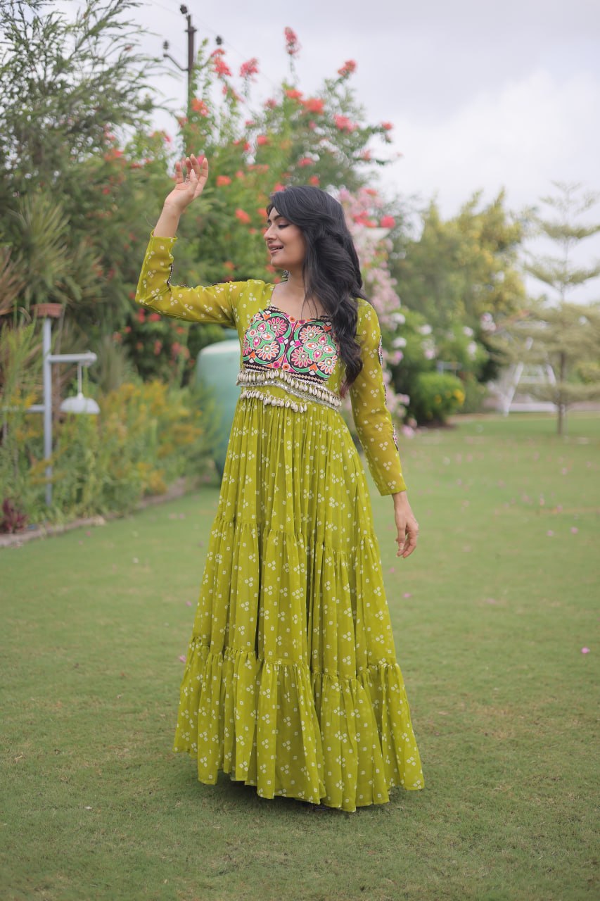 Bandhani Print Faux Georgette Gown with Kutchi Patchwork