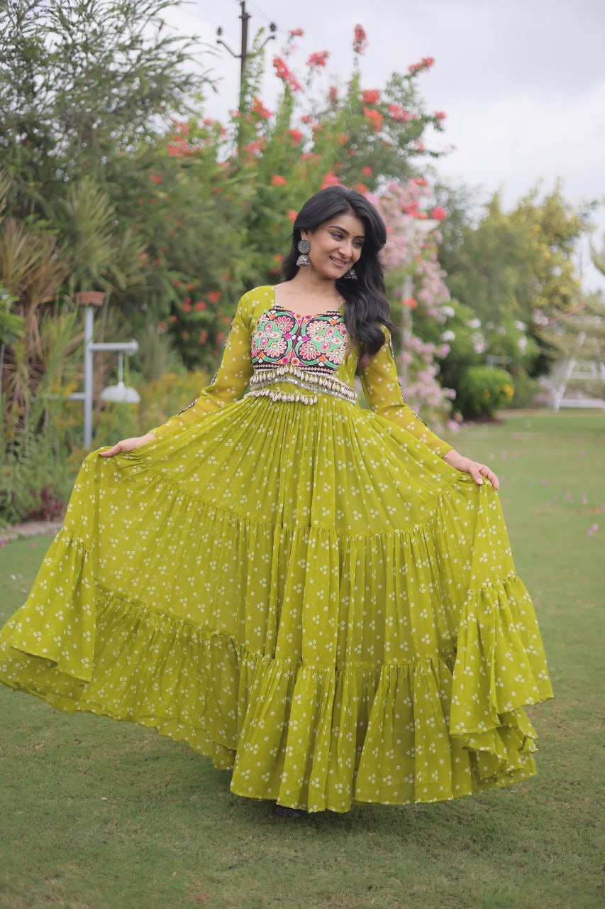 Bandhani Print Faux Georgette Gown with Kutchi Patchwork