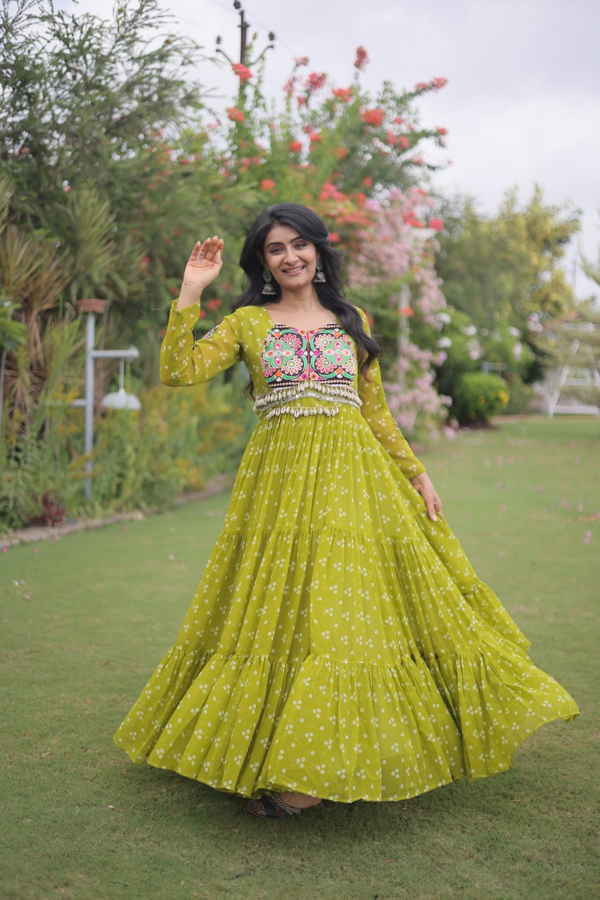 Bandhani Print Faux Georgette Gown with Kutchi Patchwork