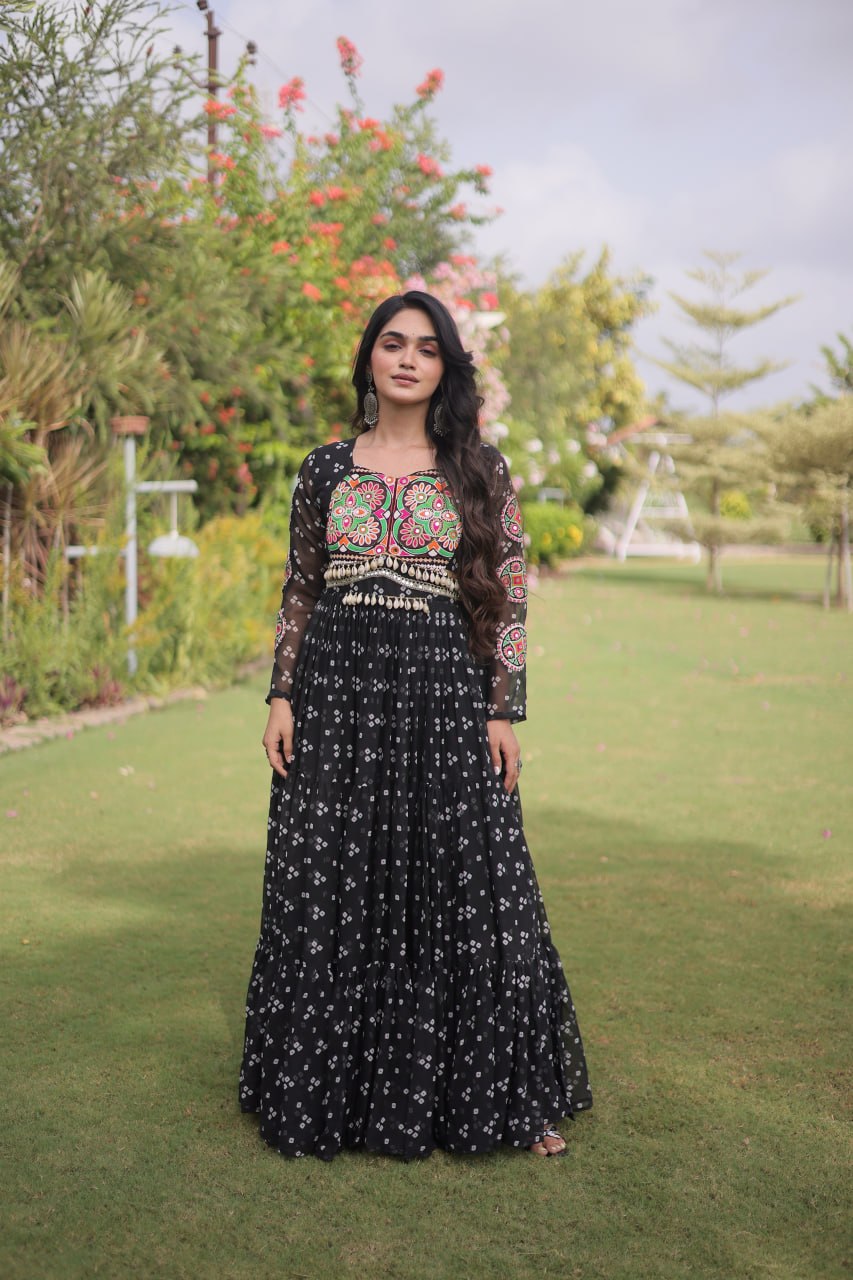 Bandhani Print Faux Georgette Gown with Kutchi Patchwork