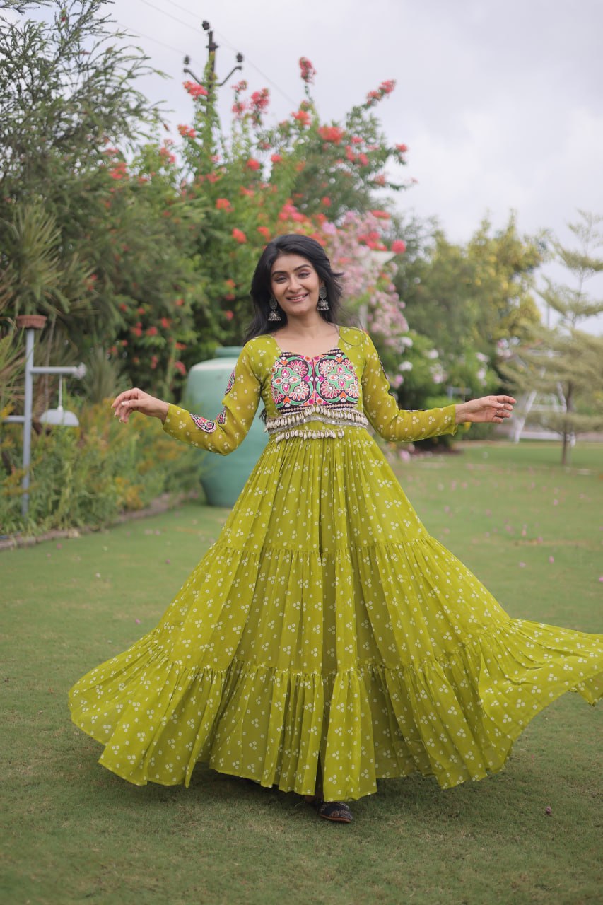 Bandhani Print Faux Georgette Gown with Kutchi Patchwork