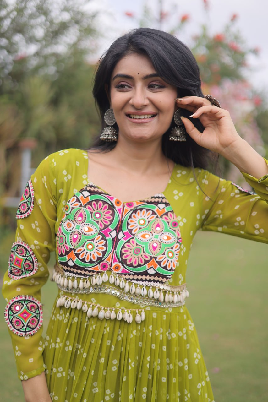 Bandhani Print Faux Georgette Gown with Kutchi Patchwork