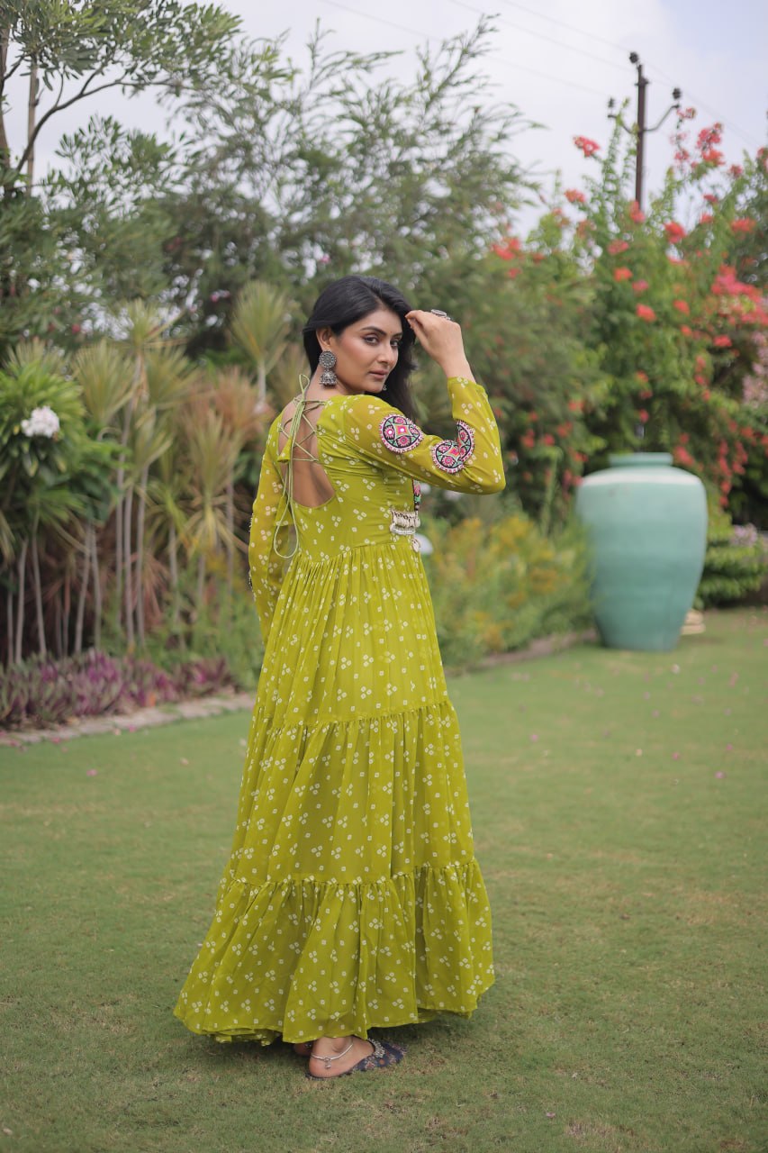 Bandhani Print Faux Georgette Gown with Kutchi Patchwork