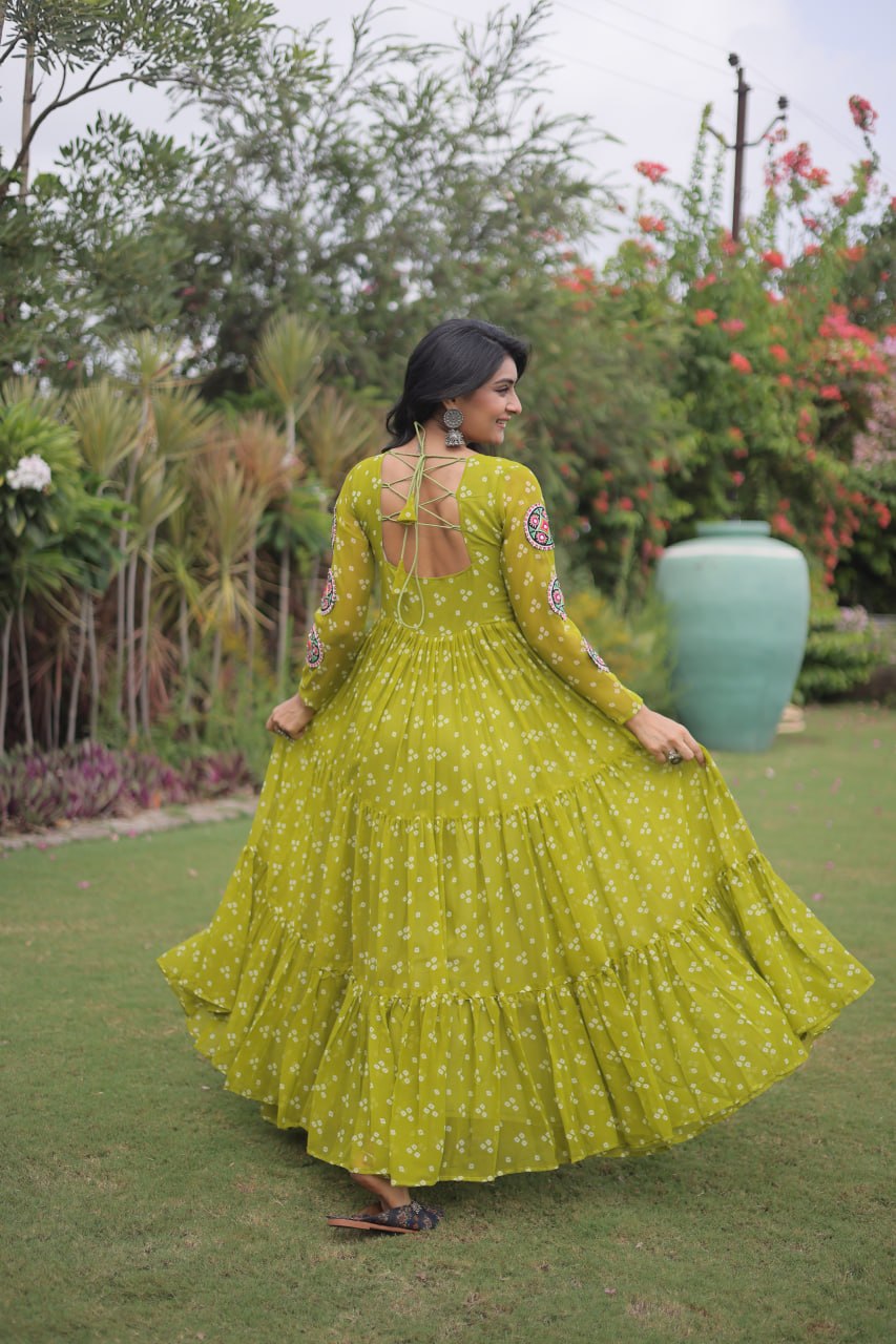 Bandhani Print Faux Georgette Gown with Kutchi Patchwork