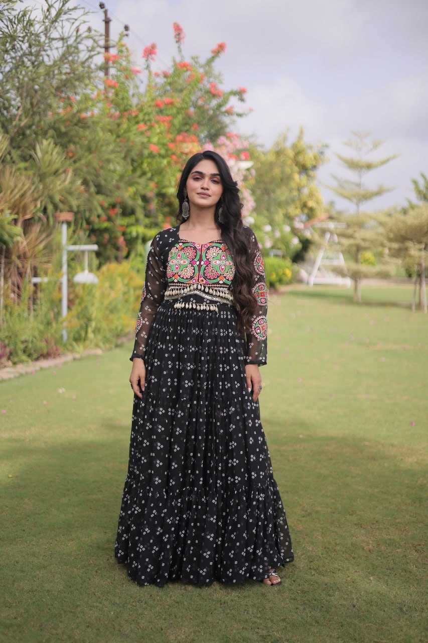 Bandhani Print Faux Georgette Gown with Kutchi Patchwork