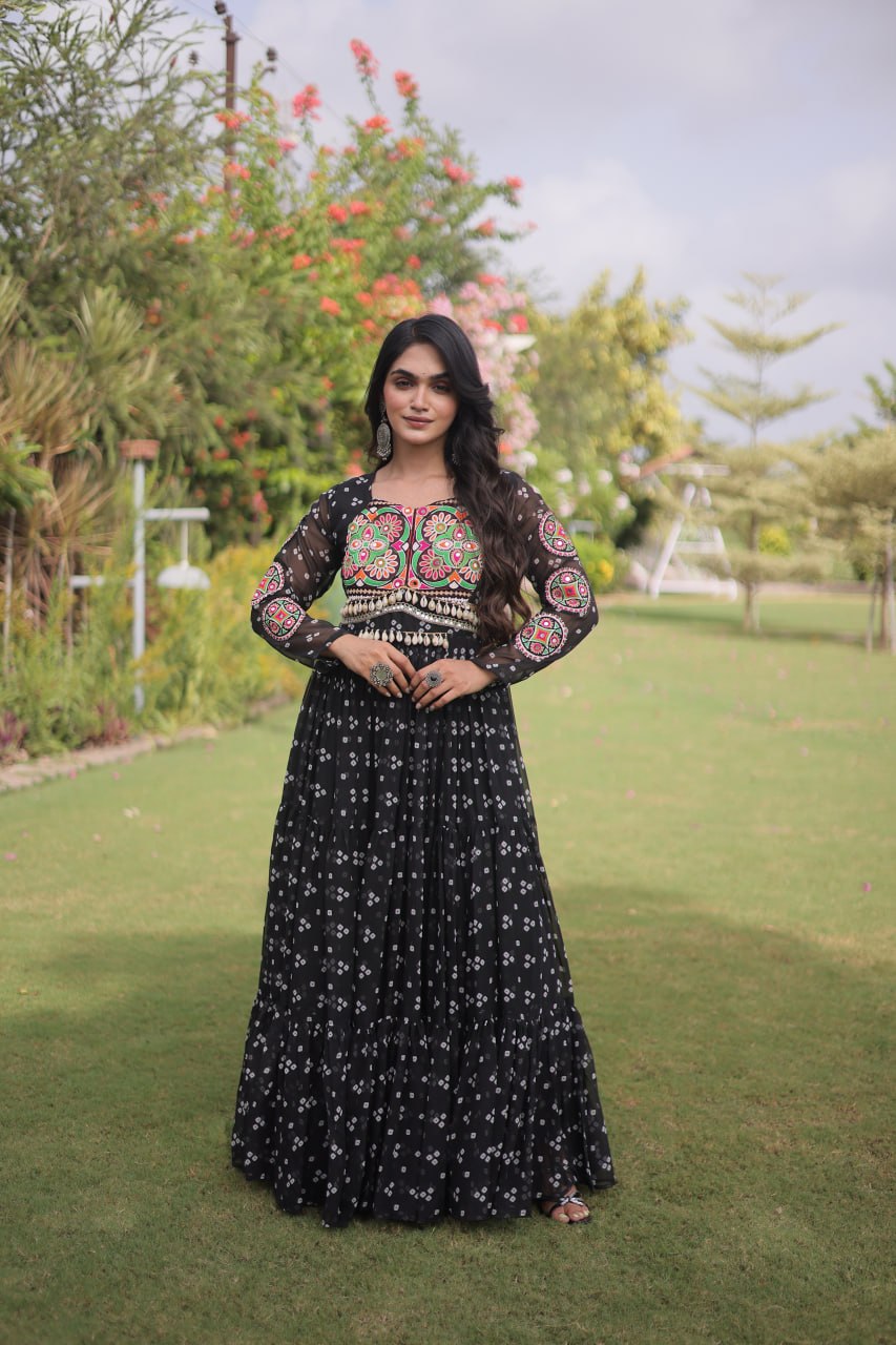 Bandhani Print Faux Georgette Gown with Kutchi Patchwork