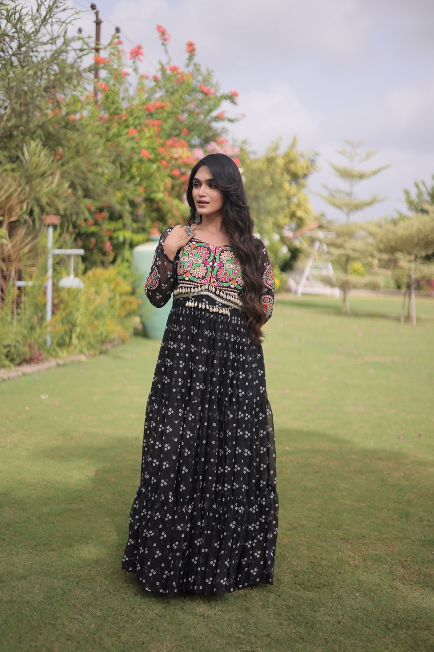 Bandhani Print Faux Georgette Gown with Kutchi Patchwork