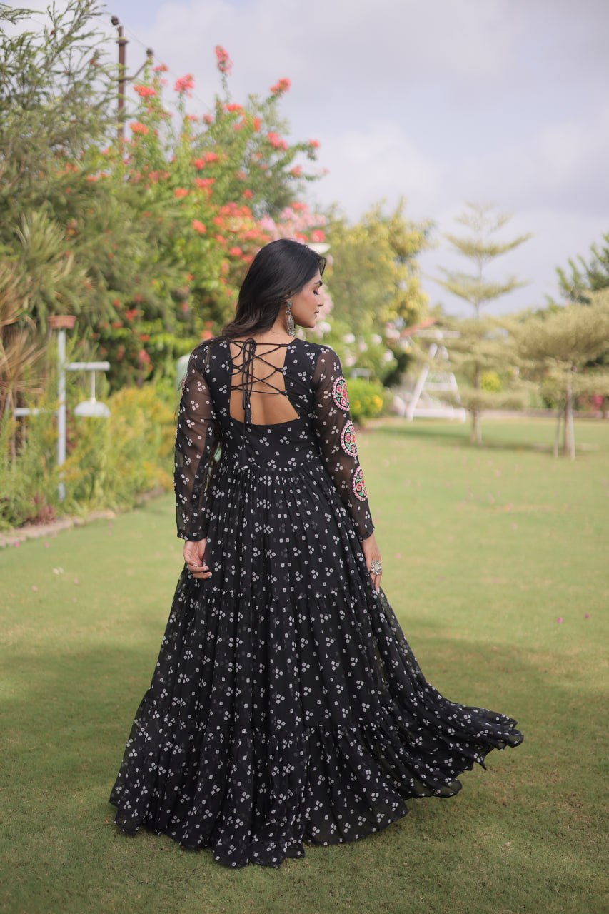 Bandhani Print Faux Georgette Gown with Kutchi Patchwork