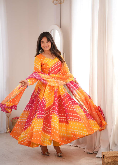 Bandhani Printed Tebby Organza Gown with Pant and Dupatta