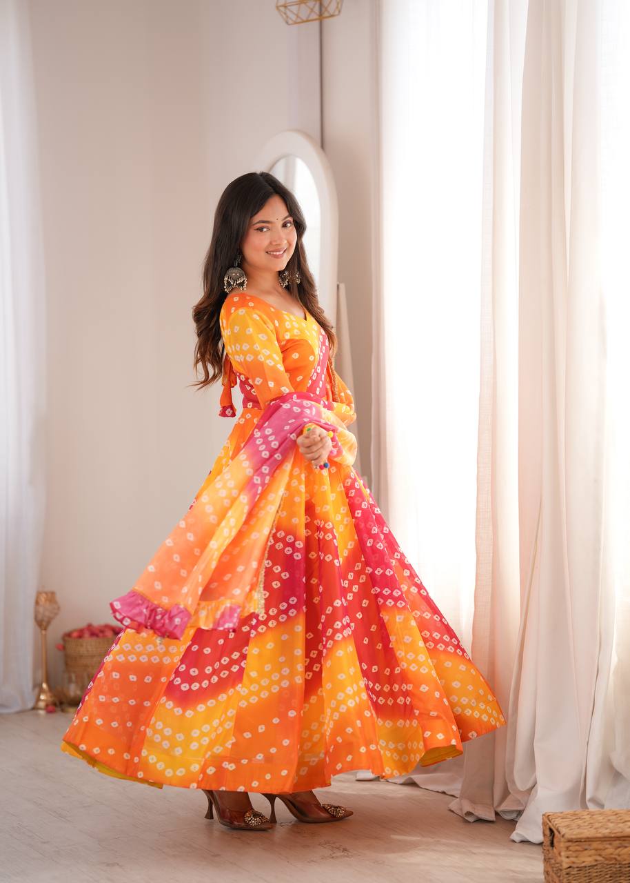Bandhani Printed Tebby Organza Gown with Pant and Dupatta