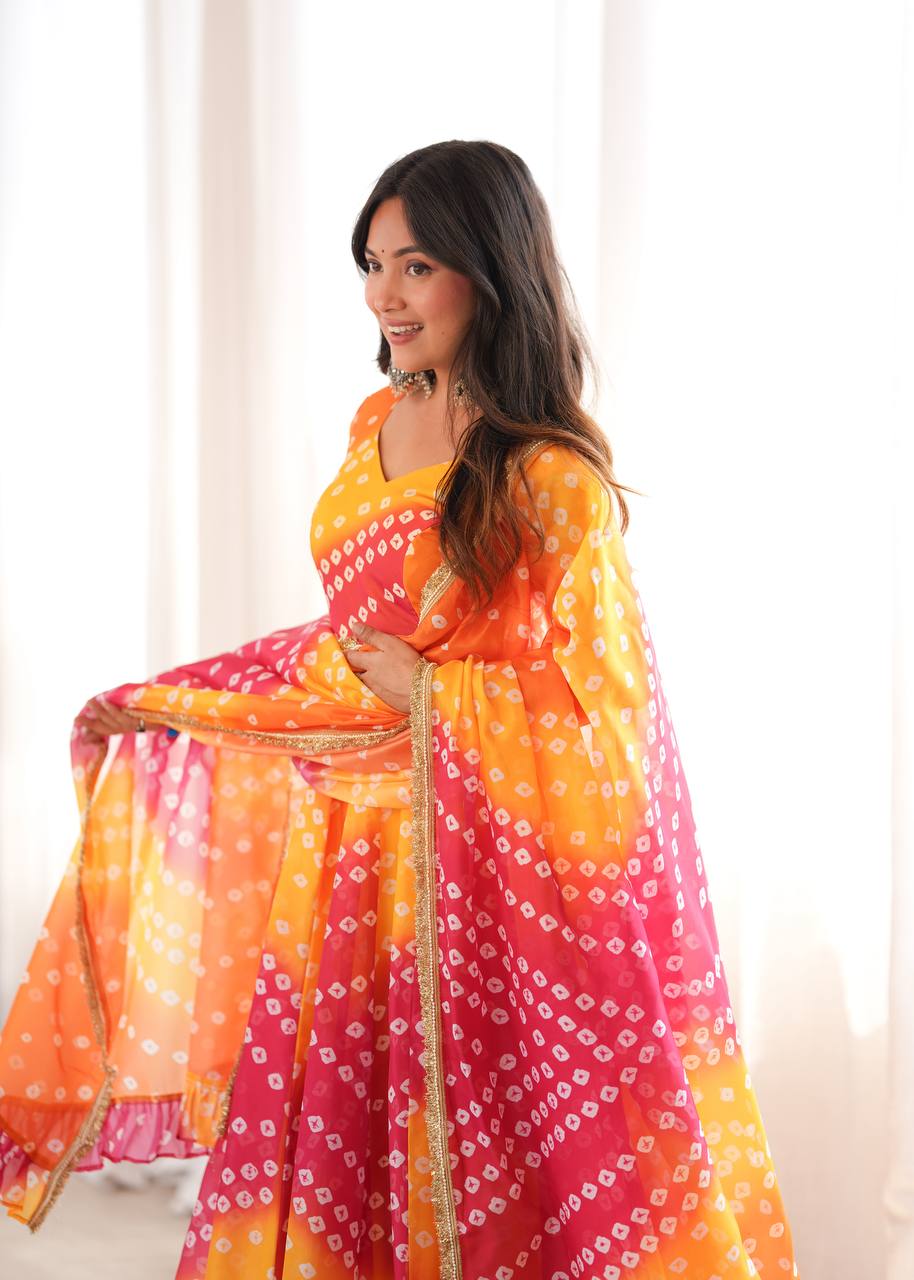 Bandhani Printed Tebby Organza Gown with Pant and Dupatta