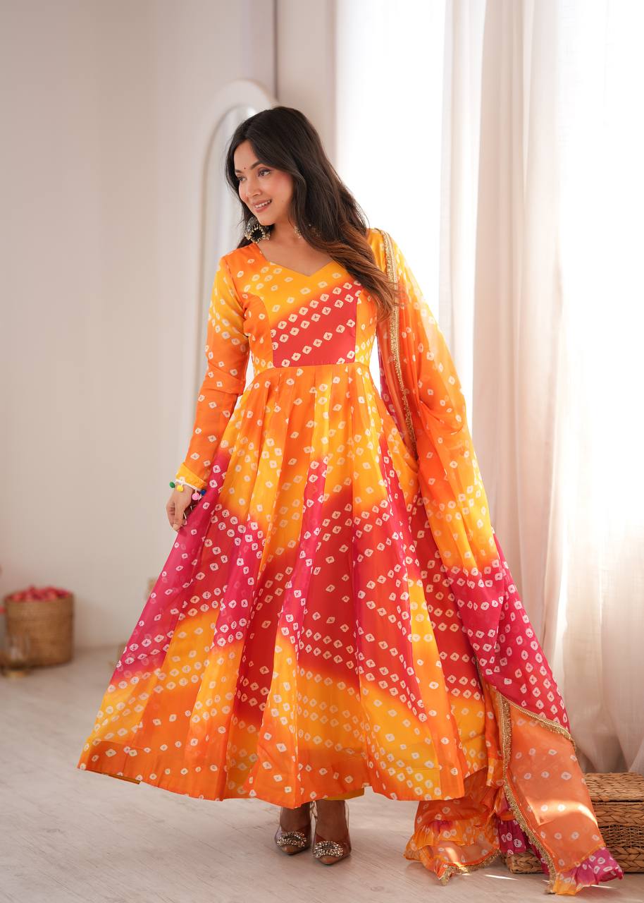 Bandhani Printed Tebby Organza Gown with Pant and Dupatta